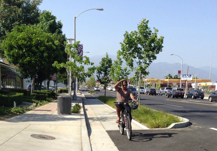 Cyclist southbound on Temple City's Rosemead Boulevard Project. all photos: Joe Linton/Streetsblog L.A.