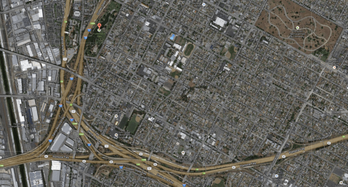 Boyle Heights and its many freeways carving up its western and southern ends, as well as Hollenbeck Park. (Google screen shot)