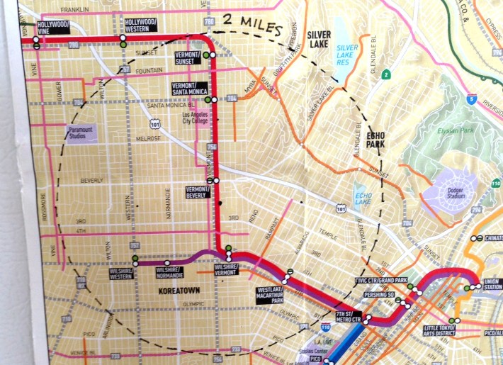 The map on our fridge (cut from the Metro County Bike map) showing a 2-mile radius. Photo: Joe Linton/Streetsblog L.A.