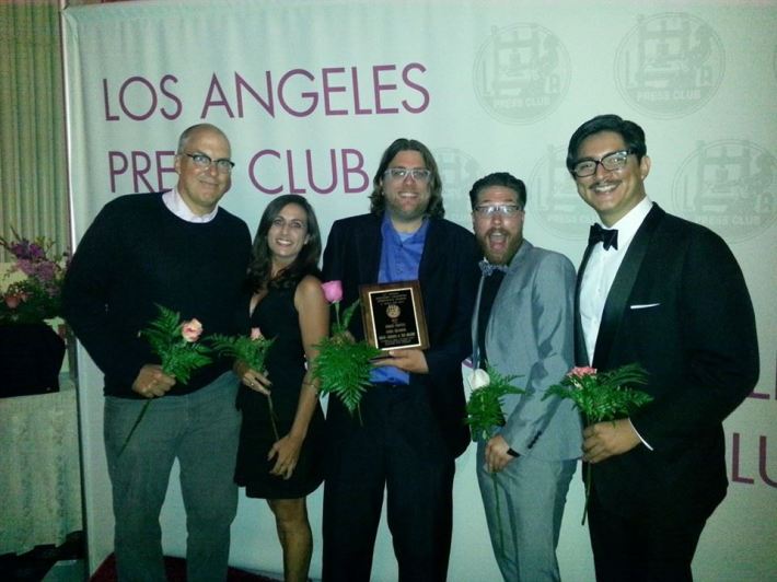 The 2013 Streetsblog L.A. team celebrates our win as best blog at last night's L.A. Press Club Awards Banquet: Joe, Sahra, me, Brian and Kris.  Missing from the picture are Suzy Chavez, Dana Gabbard, Gary Kavanagh and Ted Rogers.