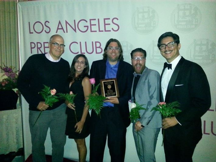 The 2013 Streetsblog L.A. team celebrates our win as best blog at last night's L.A. Press Club Awards Banquet: Joe, Sahra, me, Brian and Kris. Missing from the picture are Suzy Chavez, Dana Gabbard, Gary Kavanagh and Ted Rogers.