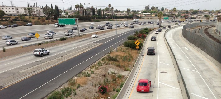 ExpressLanes along the 10 Freeway, looking west from the Soto Street Bridge during morning rush hour June 2014. Photo: Joe Linton / Streetsblog L.A.