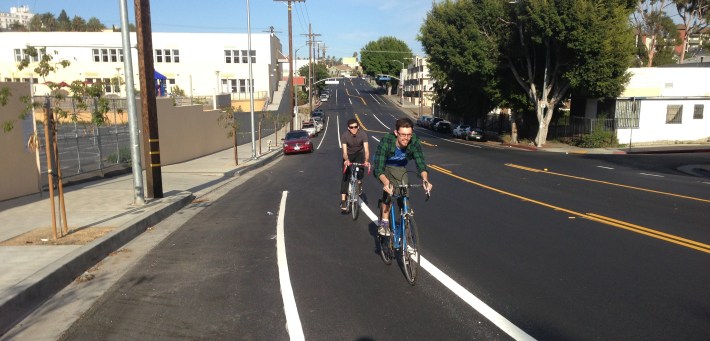 LADOT recently installed road diet bike lanes on First Street in Koreatown. This is one of 53 road diet projects that LADOT has implemented since 1999. Photo: Joe Linton/Streetsblog L.A.