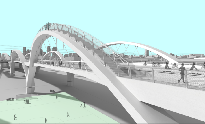 Rendering of one of the ascend-able arches and the soccer field Councilmember Huizar is pushing for below. Source: 6th St. Viaduct Replacement.