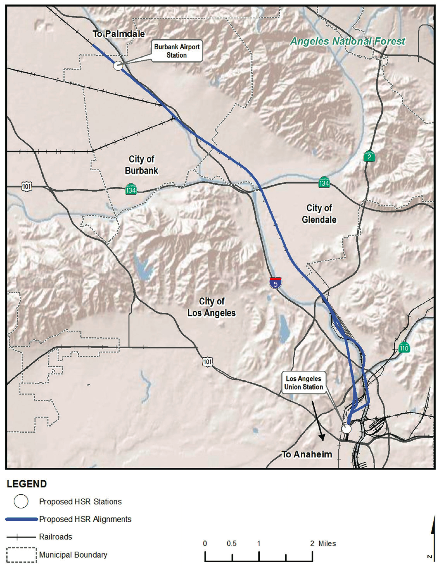 The proposed route between Burbank and Los Angeles is less controversial. Graphic: CAHSR Authority.