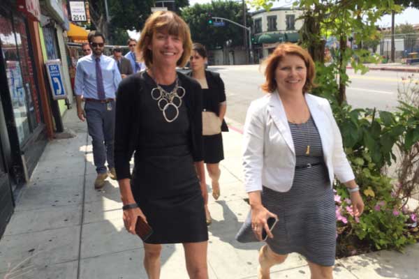 Seleta Reynolds (left) goes for a walk in DTLA with out-of-towner Janette Sadik-Khan. Photo:##http://www.gjel.com/blog/los-angeles-hires-seleta-reynolds-what-it-means-for-walking-and-biking-in-socal.html##GJEL Accident Attorneys##
