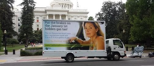 Mobile billboard against the "hidden gas tax." Photo via CA Drivers Alliance Twitter