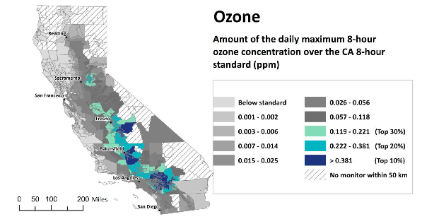 This map shows exposure to ozone, one of the pollution factors measured in CalEnviroScreen. Detailed maps can be found at XXX. Image: CalEPA