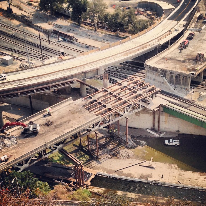 Demolition work revealing the frame of the Riverside-Figueroa Bridge. Photo: Daveed Kapoor