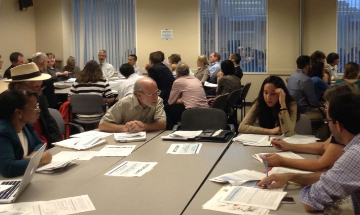 Workshop attendees discuss what makes a project eligible for cap-and-trade funds. Photo: Melanie Curry/Streetsblog