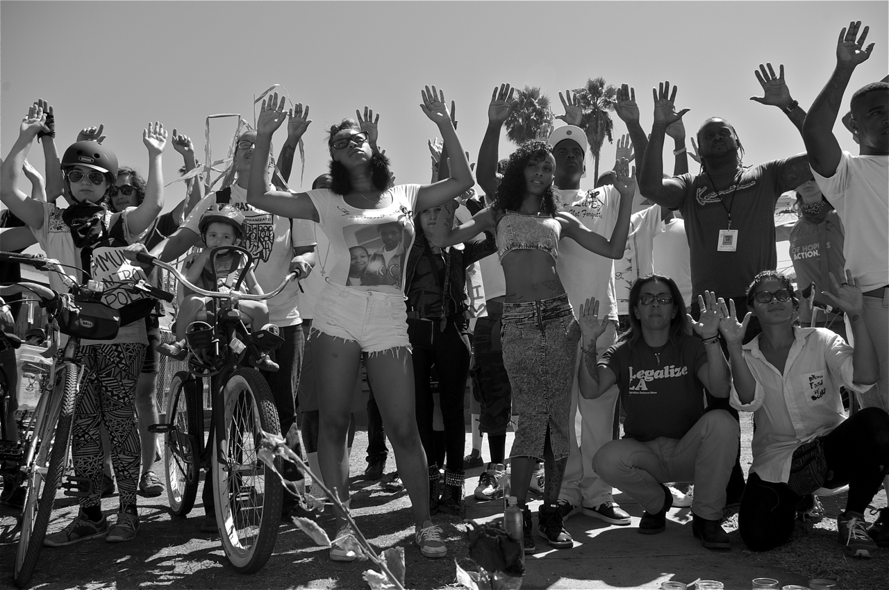 "Hands Up, Don't Shoot" Friends and family members of Ezell Ford shoot a music video decrying police brutality. Sahra Sulaiman/Streetsblog LA