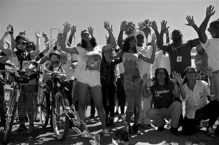 "Hands Up, Don't Shoot" Friends and family members of Ezell Ford shoot a music video decrying police brutality. Sahra Sulaiman/Streetsblog LA