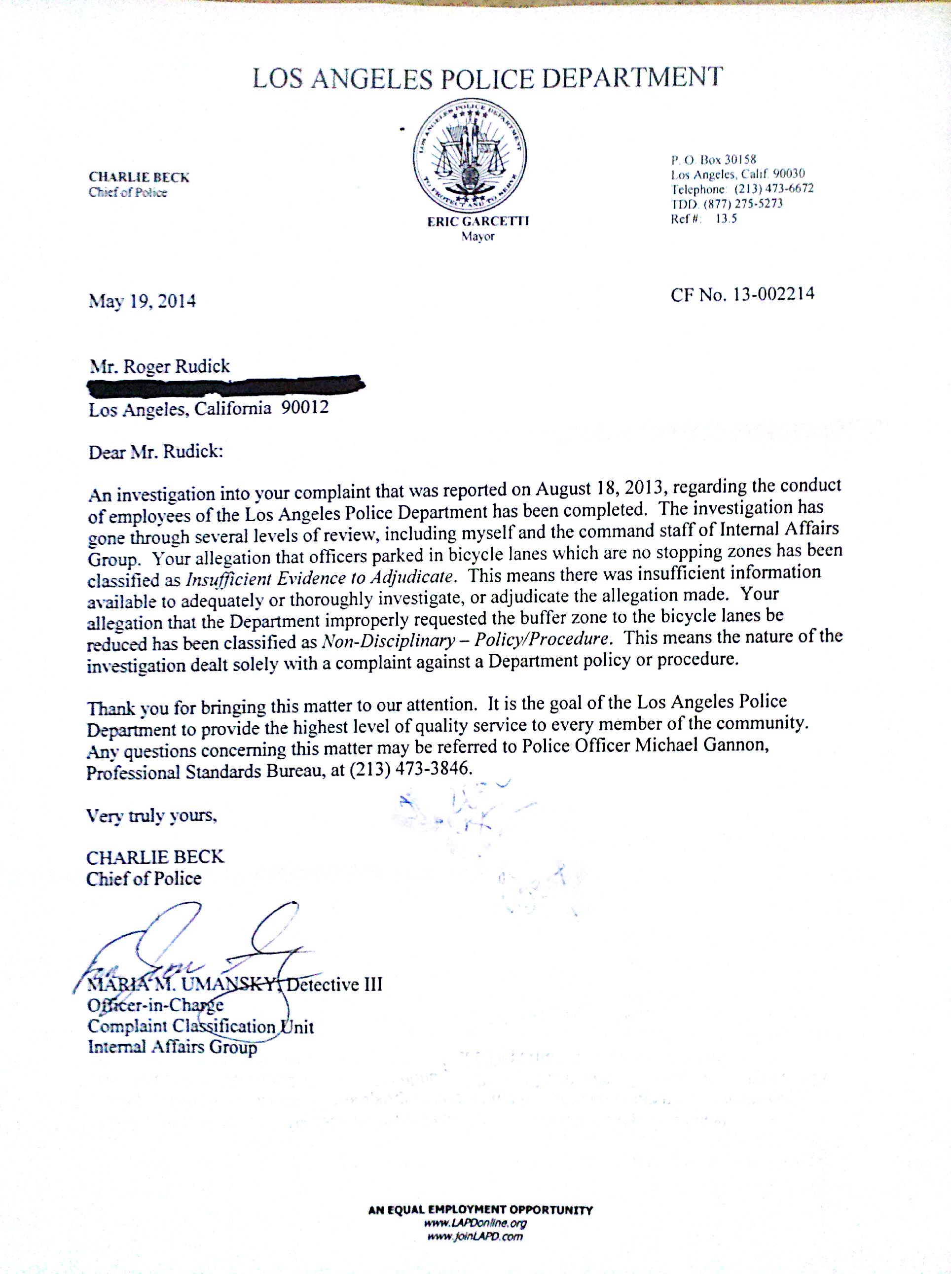 LAPD Beck letter 1 of 2