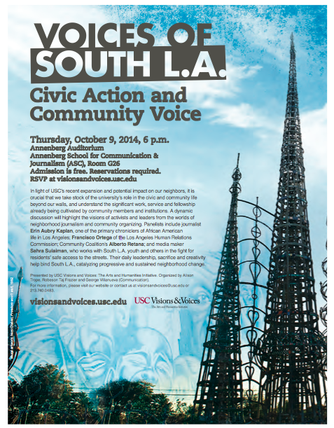 Flier for the October 9th Visions and Voices event at USC focusing on South L.A.