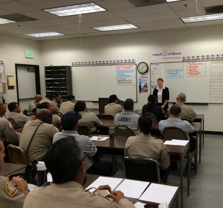 Seleta Reynolds is front and center at an LADOT officer roll call in August. Photo: LADOT