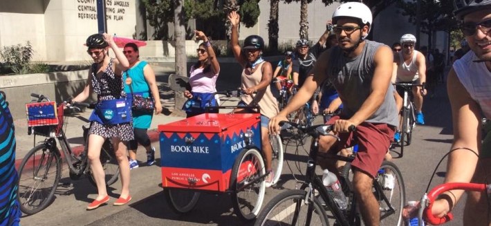 Los Angeles Public Library book bike at yesterday's CicLAvia. Image via Facebook.