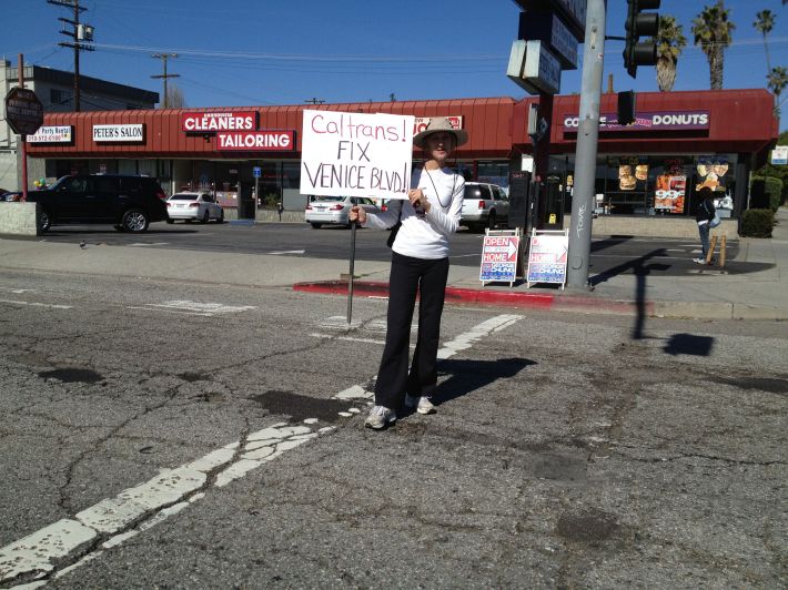 Just a year and a half ago, Mar Vista residents held a protest over the poor state of Venice Boulevard. Bonin's and Garcetti's predecessors helped get portions of the road repaved before the 2013 "CicLAvia to the Sea." Photo: Mar Vista Mom