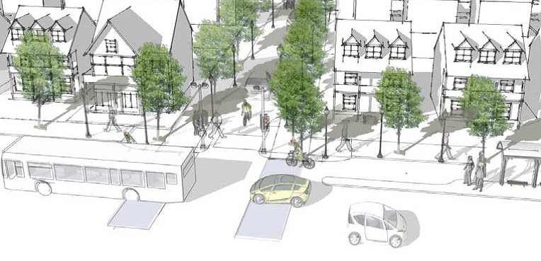 "Concept drawing" of an idealized street at the Strategic Growth Council website shows a mix of modes and multi-familuy dwellings.