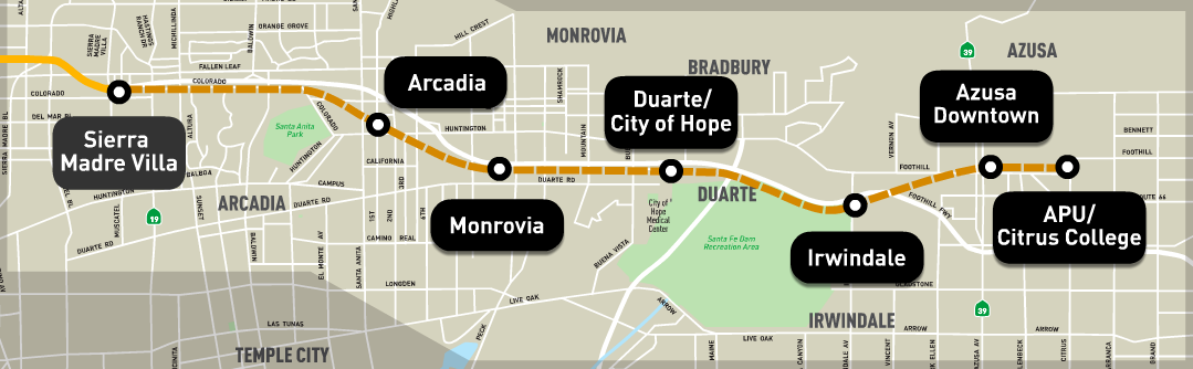 The Foothill Gold Line will extend from Pasadena to Azusa, with six new stations slated to open in September 2015. Image via Metro