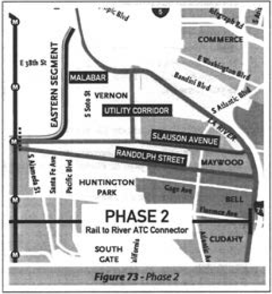 Phase 2: The Eastern Segment and its myriad options for connecting to either an area southeast of downtown or the river. Source: Feasibility Study
