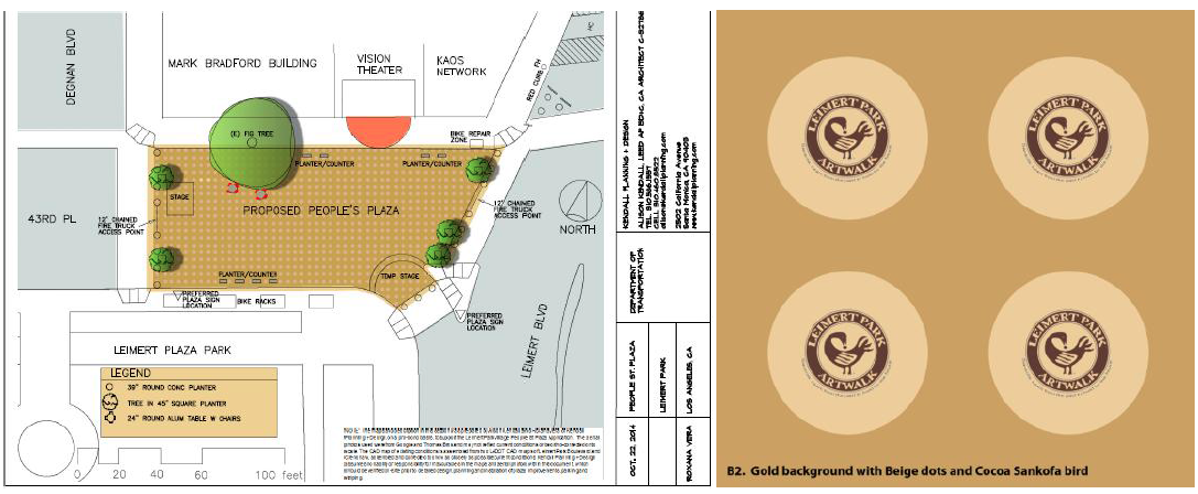 Detail of People St. Plaza plan and the Sankhofa symbol -- one of many designs that stakeholders hope to use to fill the polka dots that will grace the plaza. Plaza design: Kendall Planning + Design