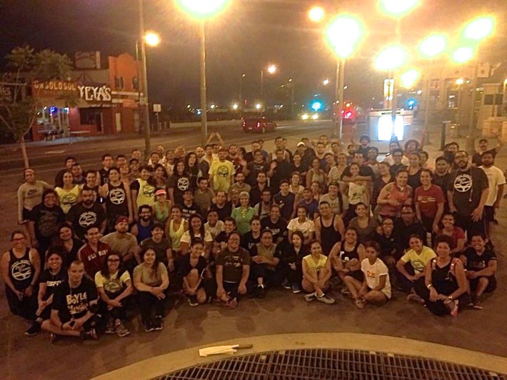 The Boyle Heights Bridgerunners -- founded by David Gomez of Espacio 1839 -- celebrate one year of Wednesday nights running the bridges between Boyle Heights and DTLA. Photo: Boyle Heights Bridgerunners