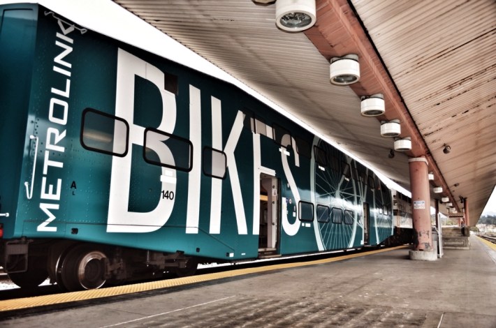 Metrolink has these great trains to carry lots of bikes... But don't look for them this Sunday. Image via The Source