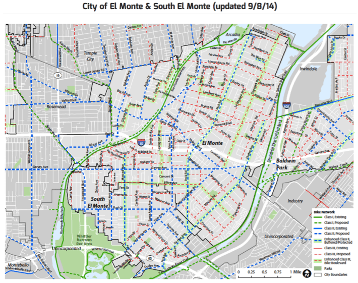 El Monte and South El Monte bike plans. Click for larger images. Image from SGV Bike Master Plan