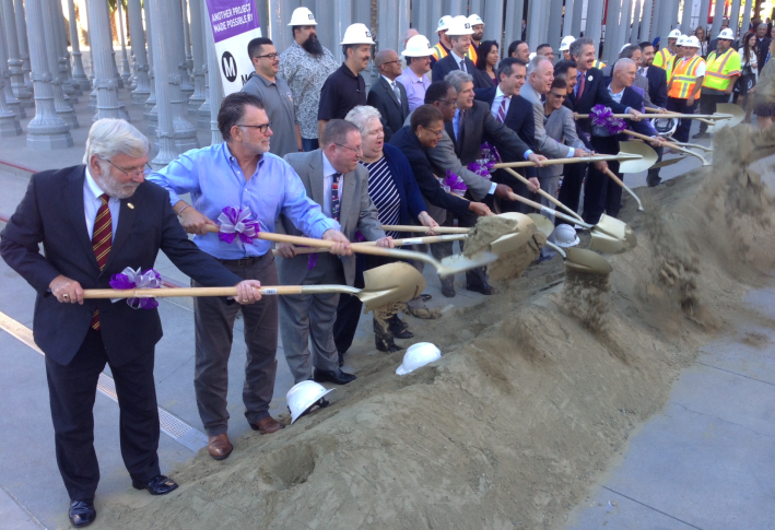 Assembled dignitaries break ceremonial ground on the 4-mile Purple Line subway extension this morning at the L.A. County Museum of Art. Photo: Joe Linton/Streetsblog L.A.