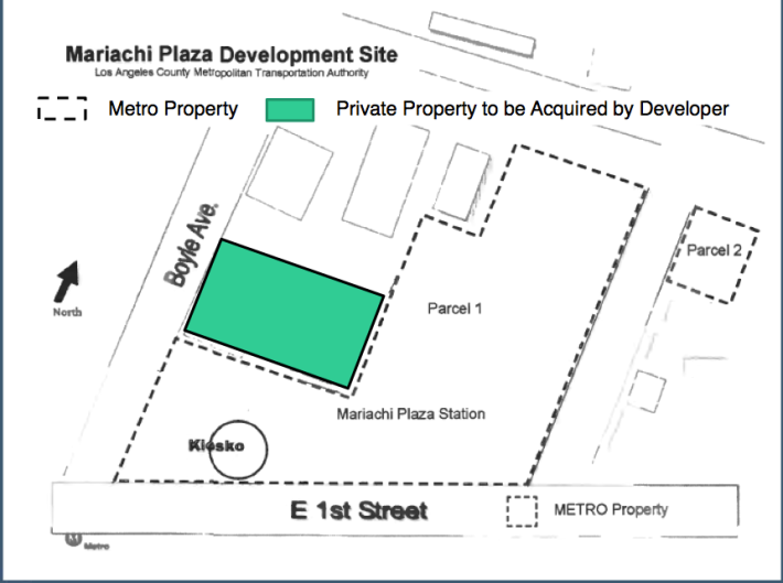 The new footprint of the plaza project. The green represents private property Primestor would acquire. Source: Metro