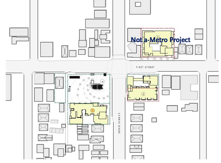 The two yellow sites south of 1st St. are slated for affordable and senior housing. Source: Metro