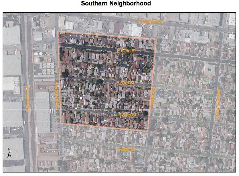 The Southern Assessment Area, located in Maywood. The Northern one is located straddles the boundary between Boyle Heights and East L.A. Source: DTSC