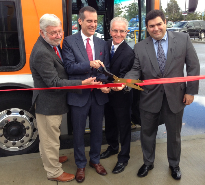Cutting the ribbon on new Valley-Westside bus service. Left to right: Metro CEO Art Leahy, Mayor Eric Garcetti, Councilmember Paul Krekorian, and SFV Metro Service Council Chair Michael Cano. Photo: Joe Linton/Streetsblog L.A.