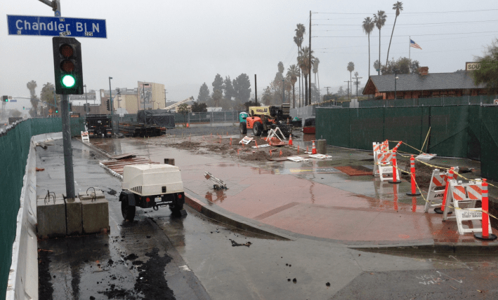 View of the North Hollywood Underpass construction site last week. This and subsequent photos by Joe Linton/Streetsblog L.A.