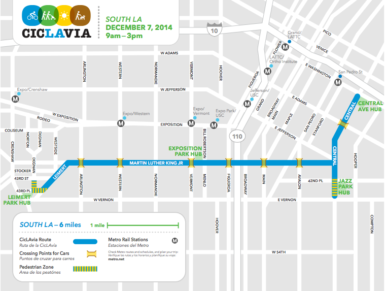 Map of the South L.A. route for this weekend's CicLAvia. The 6-mile route runs largely along King Blvd. and has hubs in the historic arts communities of Leimert Park and the Central Ave. Jazz Corridor.