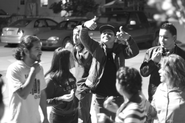 Irvin Plata from YouthBuild Boyle Heights gives the thumbs up after a victory at the neighborhood council Wednesday night. Sahra Sulaiman/Streetsblog L.A.