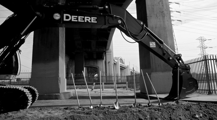 The ceremonial shovels post-earth-throwing under the 6th St. Viaduct. Sahra Sulaiman/Streetsblog L.A.