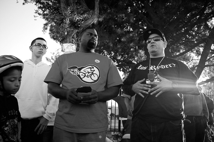 Partida and John Jones III of the East Side Riders speak during the memorial ride for hit-and-run victim Benjamin Torres. Sahra Sulaiman/Streetsblog L.A.