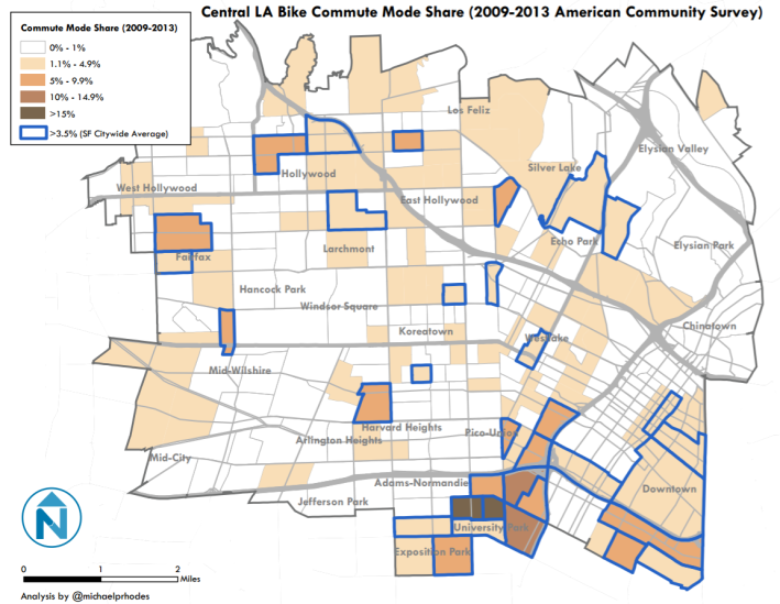 Central Los Angeles bicycle modal share. Map courtesy Michael Rhodes
