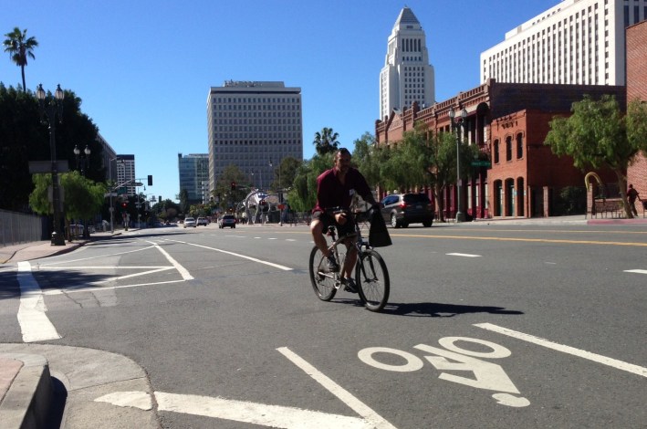 Are there really streets in downtown L.A. where bicyclists get fifty percent of the roadway? Los Angeles Street this morning. Photo by Joe Linton/Streetsblog L.A.