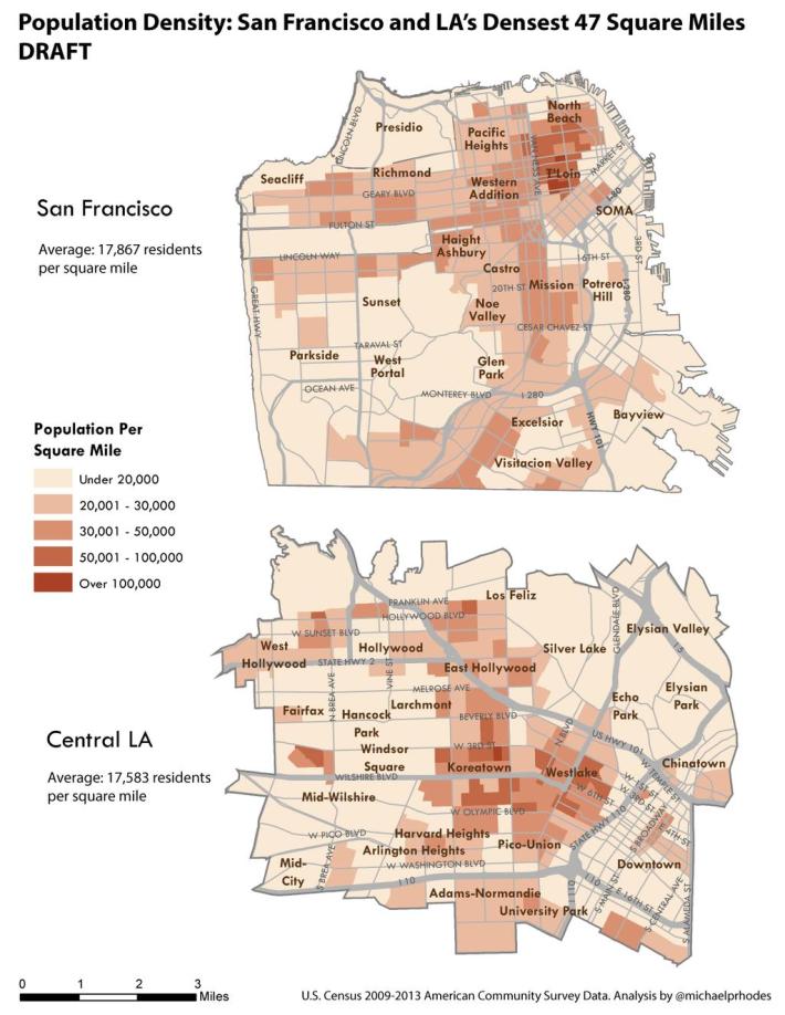 Mapping population density over roughly 50 square miles of S.F. and L.A. Image via Michael Rhodes