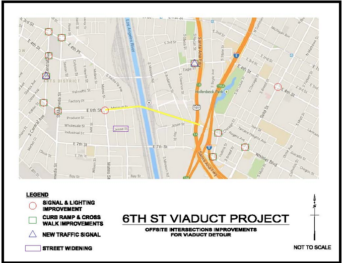 The intersections slated for improvements to help accommodate the increase in traffic they will see during the period the viaduct is closed. They now number 12 instead of 20. Source: Sixth Street Viaduct Replacement Project (Click to enlarge)