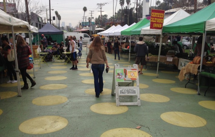 Eyes on the Street: the polka dots have returned to Sunset Triangle Plaza. See earlier People St plazas article for more information. Photo by Joe Linton/Streetsblog L.A.