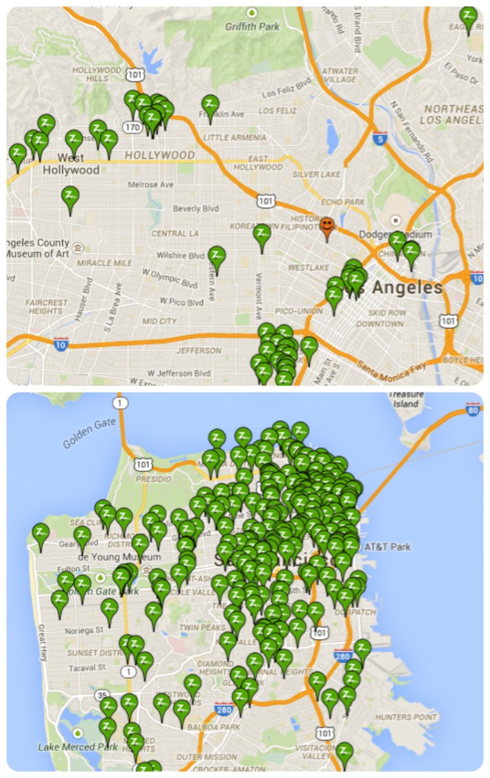 Zipcar locations in Central Los Angeles (top) compared to San Francisco (below) shown at same scale. Screen print from
