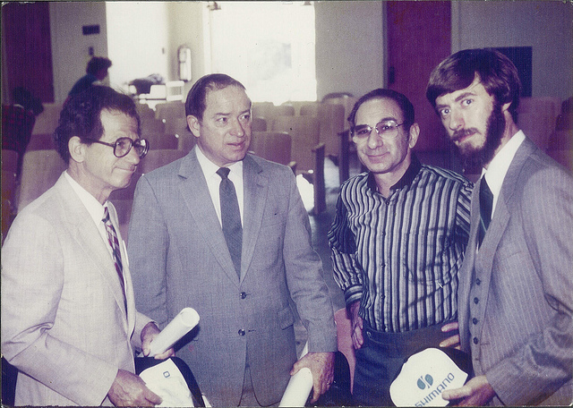 Baum in 1984. Left to right, Los Angeles City Councilmember Marvin Braude, LADOT General Manager Don Howery, Alex Baum, and LADOT Traffic Engineer Tom Jones. Photo via LADOT Bike Blog.