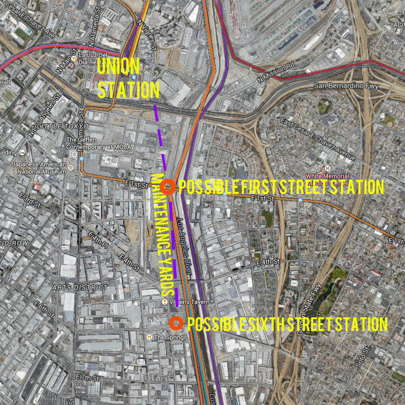 Metro is considering extending its Red/Purple Line subways southeast of Union Station into the downtown Los Angeles Arts District. Diagram Streetsblog L.A., with base map via Google