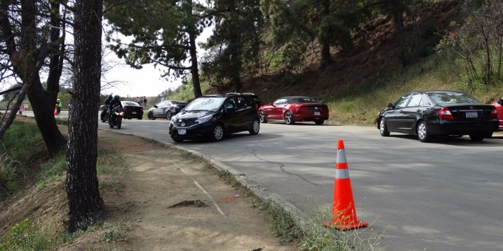 Cars parking and turning on Mount Hollywood Drive, until recently one of Griffith Park's car-free recreation roads. Photo courtesy Friends of Griffith Park