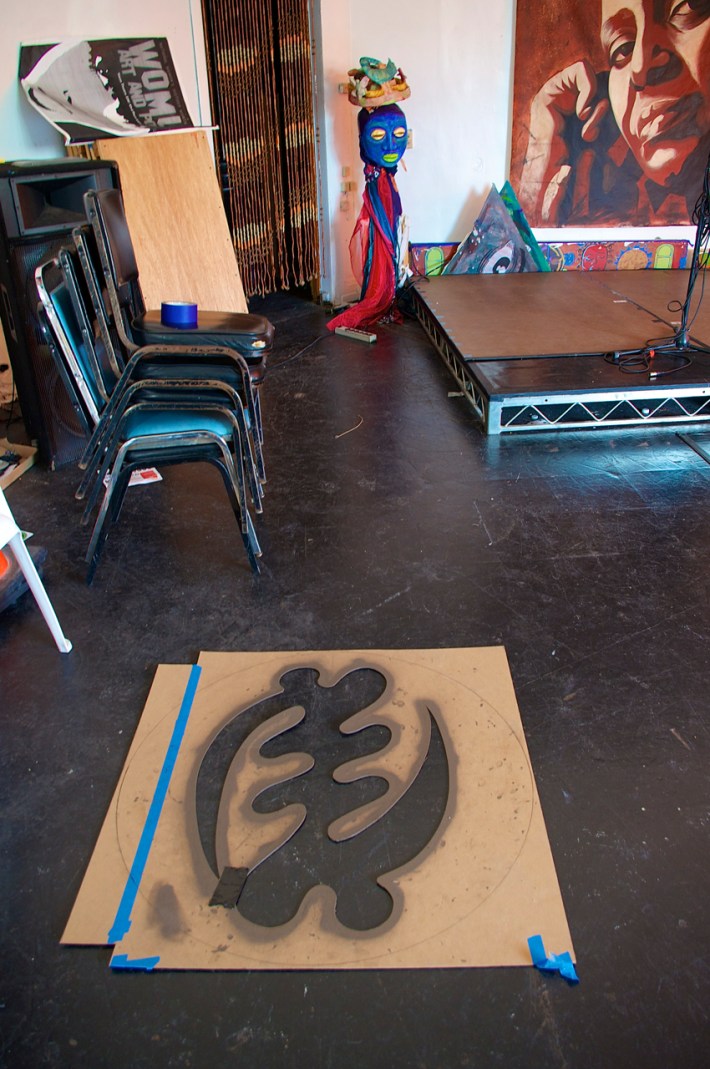 The stencil in the KAOS Network's performance space. Sahra Sulaiman/Streetsblog L.A.