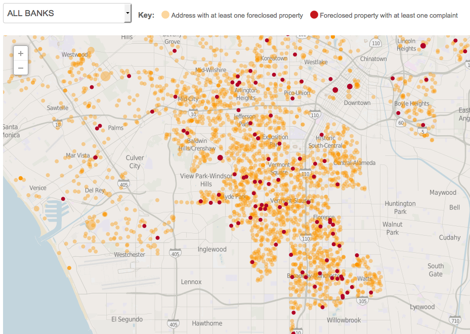 Picture of the foreclosure crisis in South L.A. Orange dots represent foreclosures; red dots represent complaints about the condition of the properties by neighbors. Source: L.A. Times