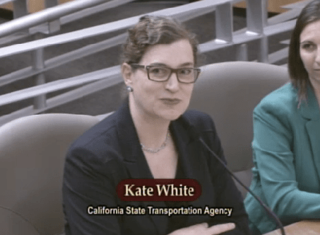 CalSTA Deputy Secretary for Environmental Policy and Housing Kate White testifies to the CA legislature on the benefits of encouraging walking and bicycling
